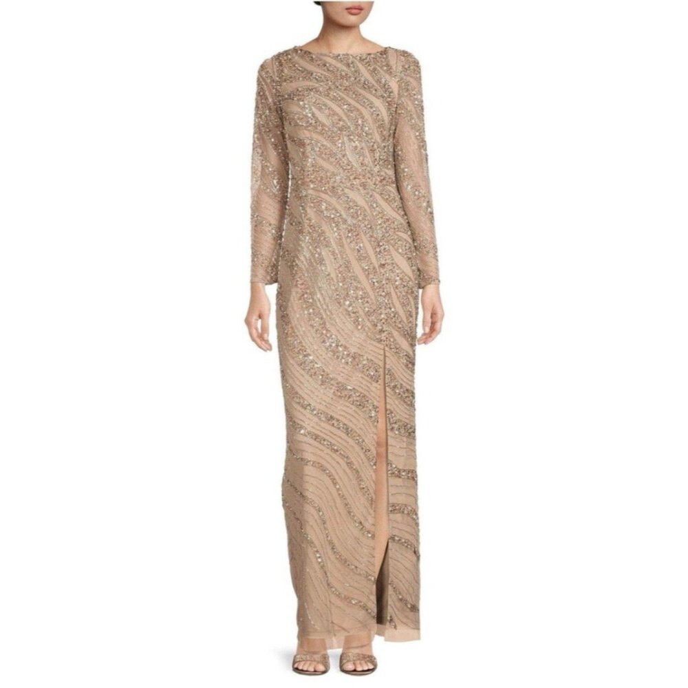 Aidan Mattox Gown 16 Gold Pearls Sequin Formal Cruise Party Wedding $595 NEW